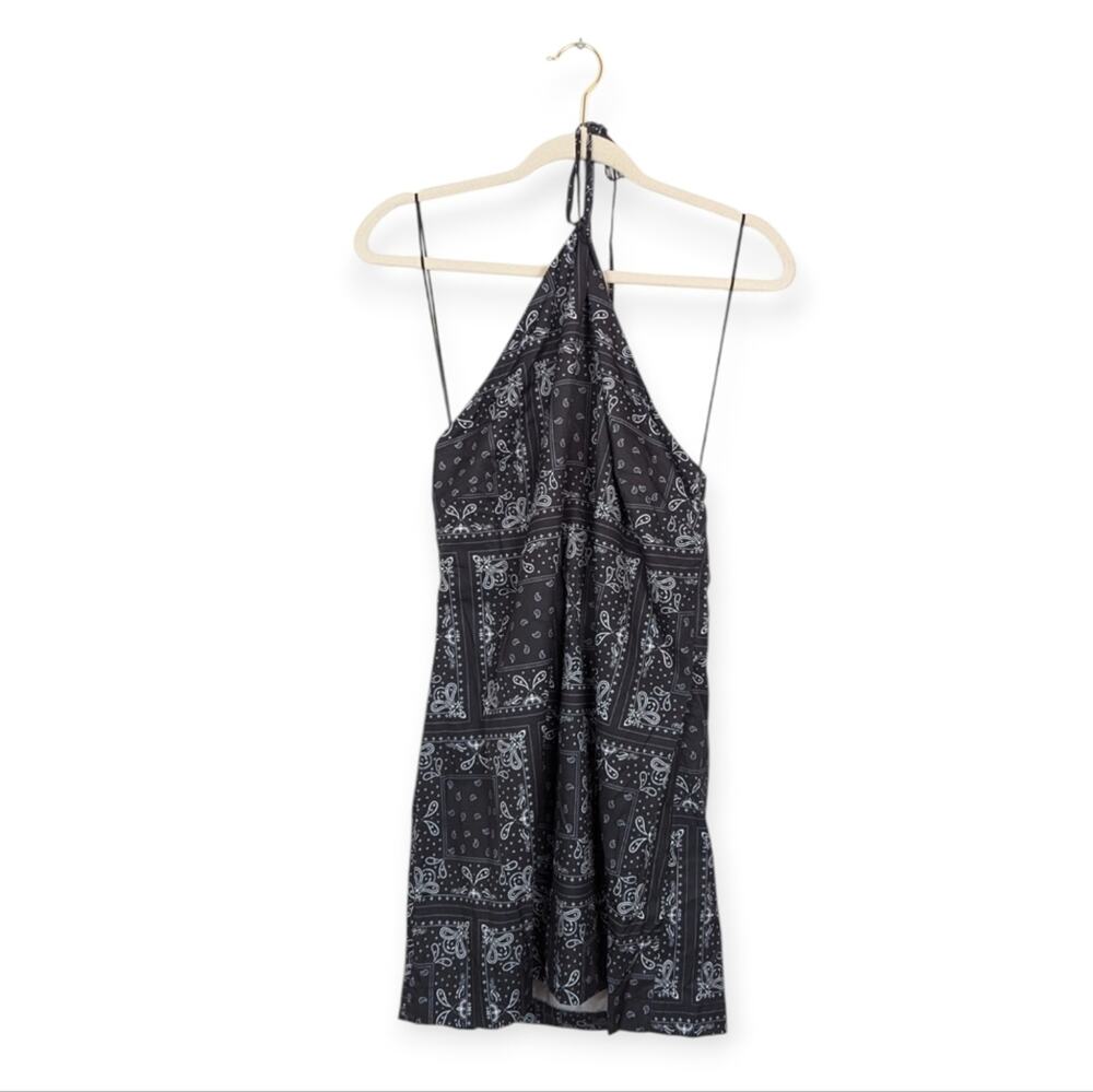 Elodie Halter Mini Dress L Black White Bandana Print Backless Summer NWT